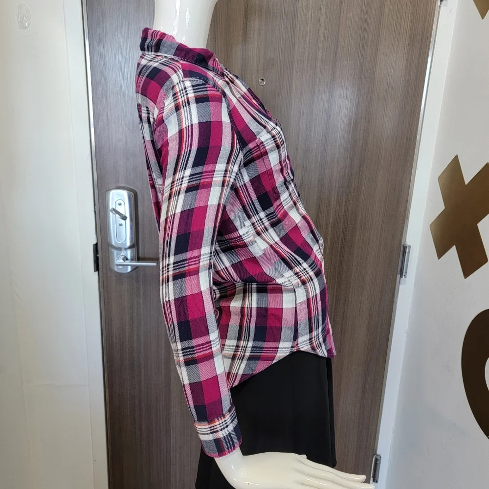 Banana Republic Magenta Plaid Flannel Shirt Boyfriend Fit Small Chic